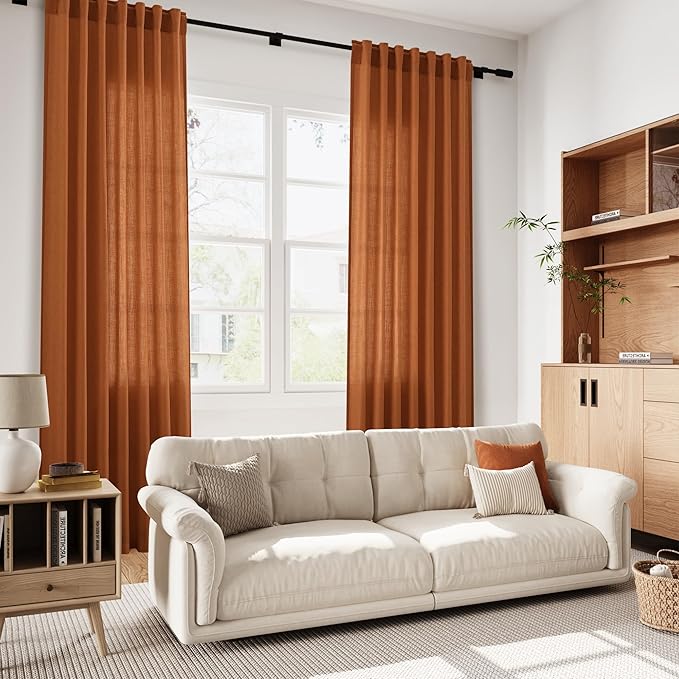 Desert Orange Linen Textured Curtains 96 Inch 2 Panels for Bedroom Back Tab Rod Pocket Sheer Light Filtering Boho Room Decor Aesthetic Burlap Look Curtain Drapes 8Ft 52x96