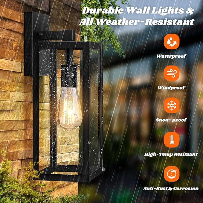 Brightever 2-Pack Outdoor Wall Light, Exterior Waterproof Wall Sconce Light Fixtures, 15" Black Outdoor Wall Lamp with Clear Glass for House, Porch, Front Door, Garage, Patio, Bulbs Not Included