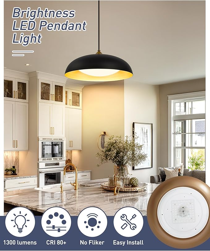 kudos 15 Inch Large LED Pendant Lights, Black and Gold Pendant Light Fixtures, Modern Hanging Lights for Kitchen Island, Dining Room, Living Room, Bedroom, 5CCT Adjustable, KDPL02-BK