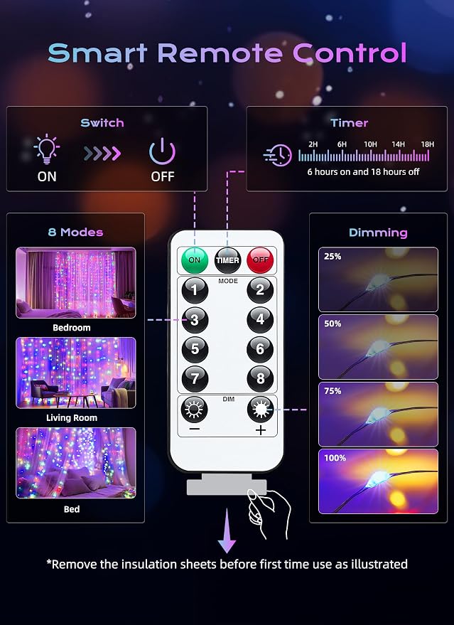 Brightown 300 LED Fairy Curtain Lights, Curtain String Lights, USB Plug in 8 Lighting Modes Christmas Decoration, Hanging Lights with Remote for Bedroom Indoor Weddings Dorm Multicolor 1 Pack