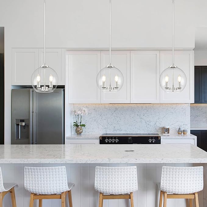 10" Globe Pendant Lights Kitchen Island 2 Pack Glass Globe Pendant Light Fixture Bedroom Mid Century Modern Pendant Lighting Nickel Pendant Light for Kitchen Island (Bulb Incl.)