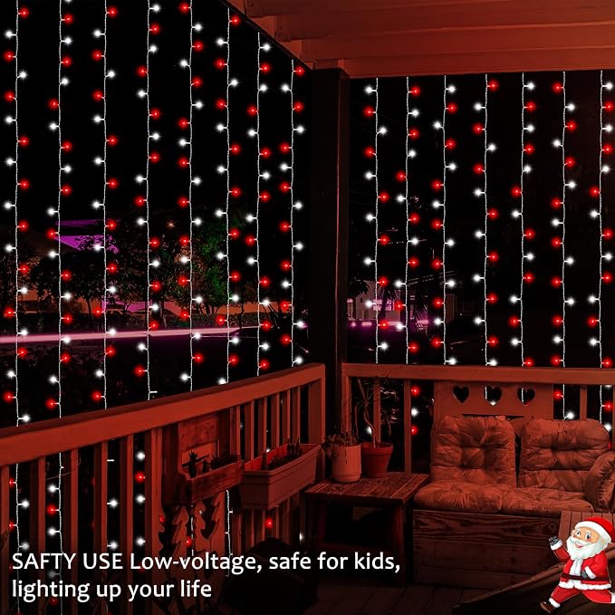 Christmas Battery Curtain Lights Red White with Remote Timer 9.8×9.8ft