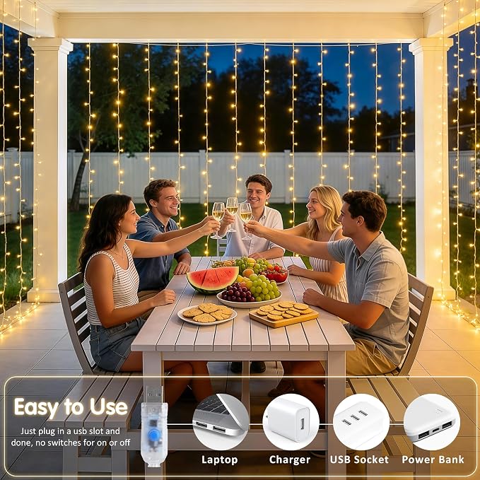 JMEXSUSS Curtain Lights 200 LED with 8 Modes | Remote Curtain Fairy Lights, USB String Lights, for Bedroom, for Classroom, for Wedding, 8 Modes, 6.5ftx6.5ft, Warm White