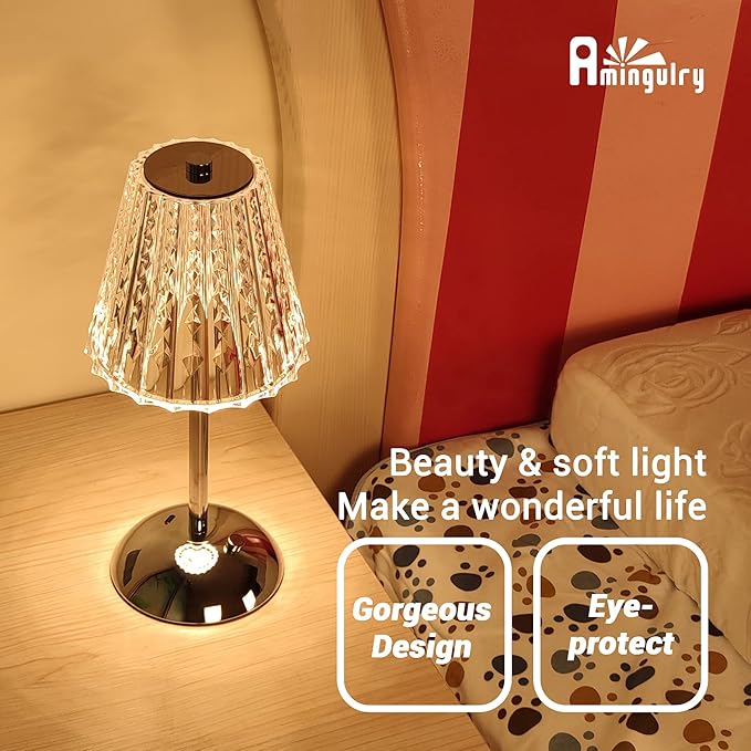 Cordless Table Lamp, 4000mAh Rechargeable Battery Operated Lamp, 3 Color Modes & Stepless Dimmable LED Touch Lamp, Portable Crystal Metal Beside Lamps for Bedroom Restaurant(Silver 2 Pack)