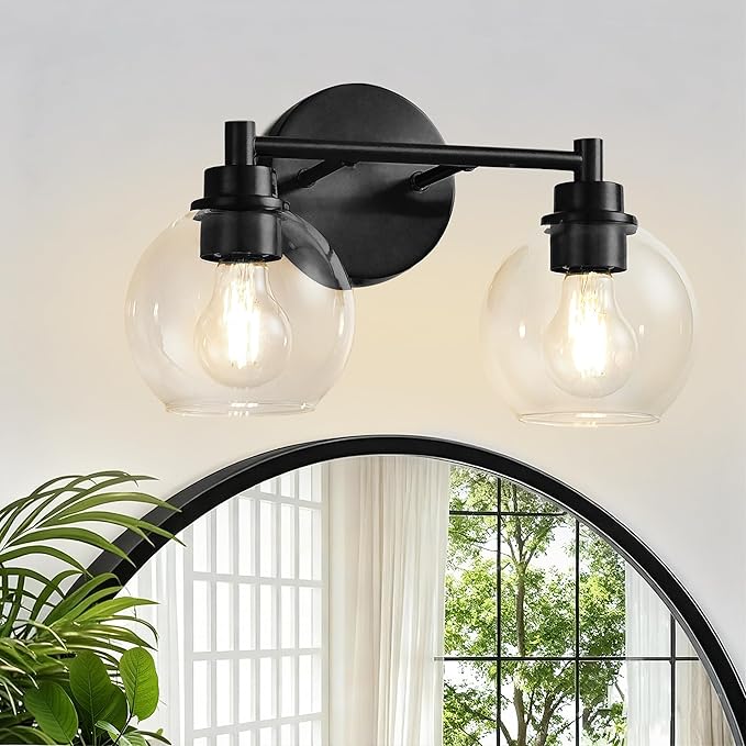 Black Bathroom Vanity Lights, 2-Light Wall Sconce with Glass Globe Shade, Vanity Lighting for Bathroom/Bedroom/Dressing Room, Vertical/Horizontal Mounted, E26 Bulb Base (Bulb Not Included)