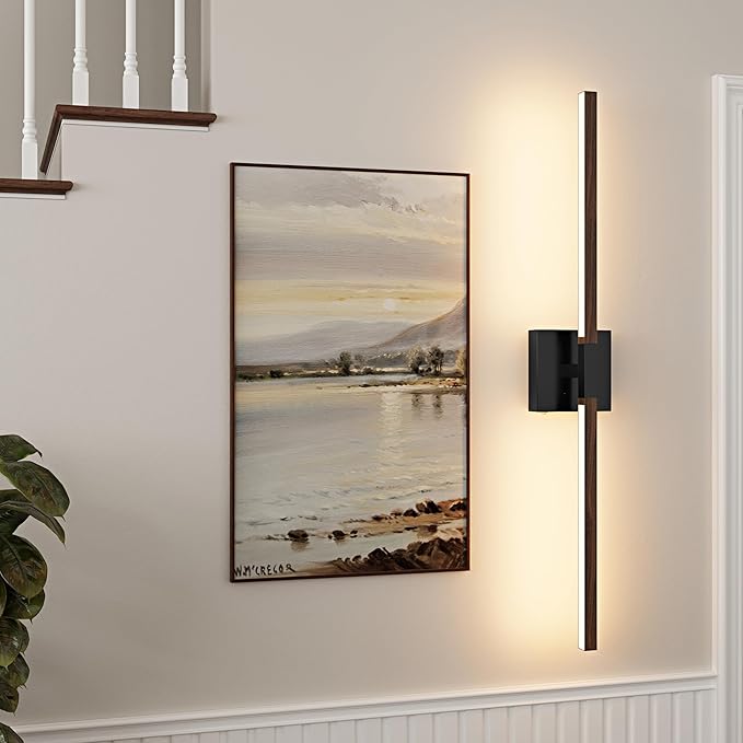 Rayogale 32 Inch Rechargeable Battery Operated Wall Sconce Set 2, 8000mAh Cordless, 3000K/4500K/6000K, Dimmable, Remote, Touch Control, 360° Rotation for Living Room Black Walnut 2 Pack
