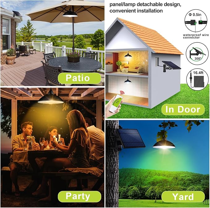 intelamp Solar Pendant Lights Indoor Outdoor, 4000mAh Gazebo Shed Chandeliers with Remote All Day/Night Mode 16.4Ft Hanging Warm White Lighting for Outside Barns Chicken Coop