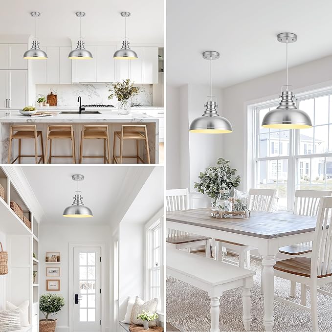 Refice Brushed Nikcel Farmhouse Pendant Lights Industrial Pendant Lighting for Kitchen Island Adjustable Height Dome Hanging Lights for Barn, Dining Room 3 Packs