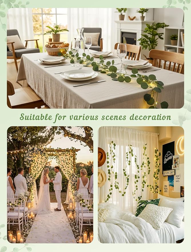 Vines with Fairy Lights,13ft Eucalyptus Garland String Lights USB/Battery Operate,40 LED Fake Leaf Twinkle Lights for Wedding,Birthday,Dorm,Bedroom,Curtain, Photo,Wall Decor(Warm White)
