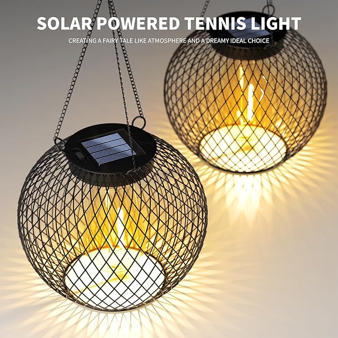 HOTEAGLE Solar Hanging Lights, Waterproof Outdoor Decorative Globe Lanterns with Vintage Edison Bulb, LED Retro Metal Mesh Pendant Light for Garden, Patio, Yard, Tree Decor (Black-2-Pack)