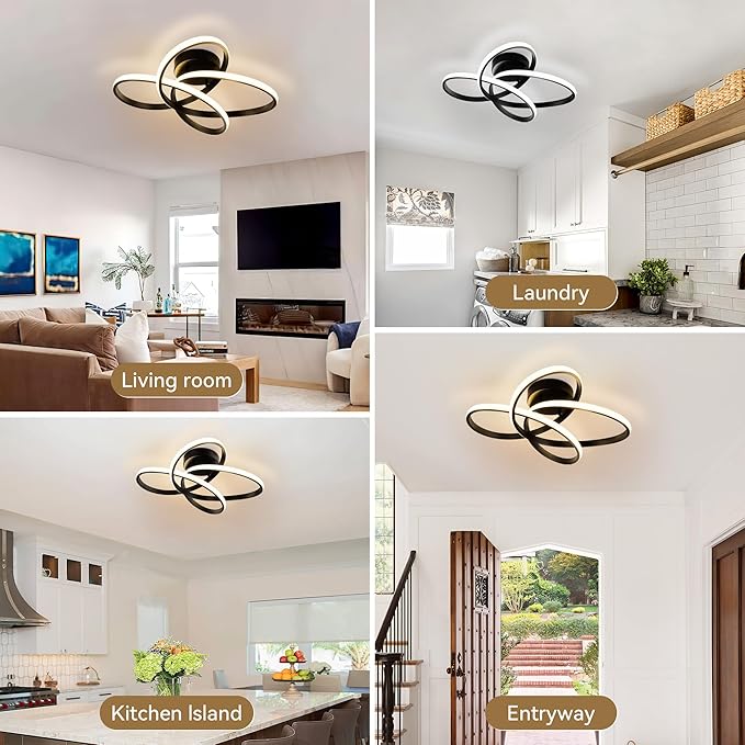 Modern LED Chandelier, 50W LED Ceiling Light with Remote Control, 3000-6000K Color Temperature Changing, Black Chandelier for Bedroom, Entryway, Hallway, Kitchen