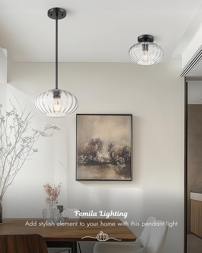 FEMILA Black Semi Flush Mount Ceiling Light, 10.3" Ceiling Light Fixtures for Kitchen Island, Bedroom, Living Room, with Dome Glass Shade, E26 Base, 4FYD85F BK