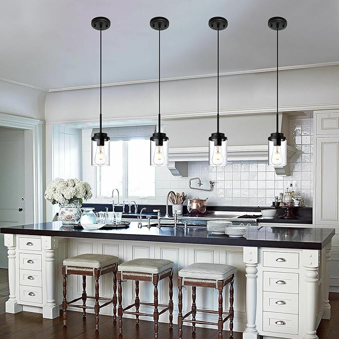 MELUCEE 2 Pack Pendant Lights for Kitchen Island Black Adjustable Hanging Ceiling Lamp with Clear Glass Shade, Industrial Glass Pendant Lights for Dining Table Hallway Bedroom Living Room