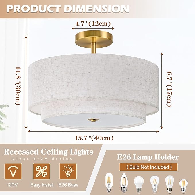 Bagood 16 Inch 3 Light Semi Flush Mount Ceiling Light Fixture Modern 2 Pack Gold Drum Ceiling Light Fixture with 2-Layer Fabric Shade Dimmable Close to Ceiling Light for Bedroom Living Room Hallway