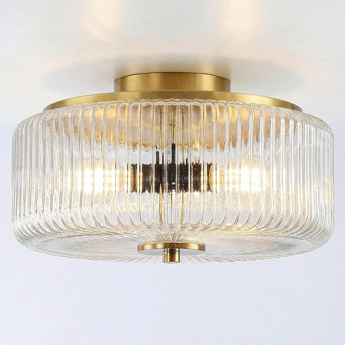 3-Light Flush Mount Ceiling Light, 11.8" Gold Ceiling Light Fixture with Ribbed Clear Glass Shade, Modern Drum Close to Ceiling Lamp with Closed Bottom for Bedroom Hallway Kitchen Entryway