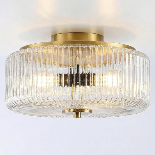 3-Light Flush Mount Ceiling Light, 11.8" Gold Ceiling Light Fixture with Ribbed Clear Glass Shade, Modern Drum Close to Ceiling Lamp with Closed Bottom for Bedroom Hallway Kitchen Entryway