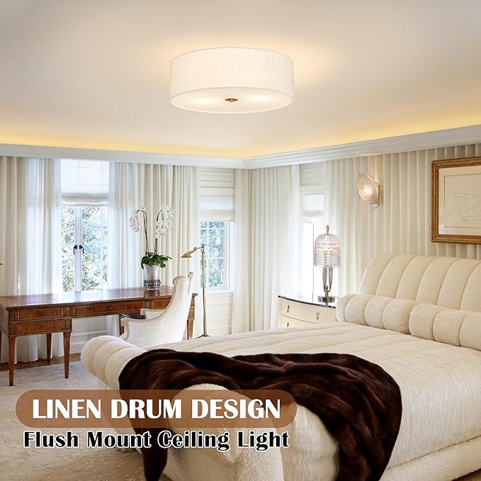Bagood 16 Inch Flush Mount Ceiling Light Fixture 3-Light Drum Modern Gold Ceiling Light Fixture Dimmable Close to Ceiling Light Fixture with Fabric Shade for Living Room Hallway Entryway Bedroom