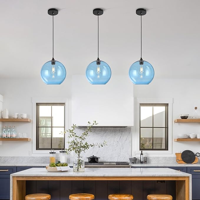 Blue Glass Pendant Lights Kitchen Island Lighting Modern Globe Pendant Light Fixtures Modern Pendant Lights for Kitchen Island Bedroom Living Dining Room Light Fixture-11.8inch