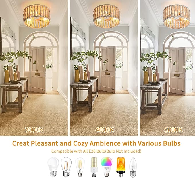 tewei Wood Beaded Boho Chandelier Light Fixture, Semi Flush Mount Ceiling Light 3-Light Rustic Nursery Close to Ceiling Lights for Bedroom Kitchen, Living Room, Oak White, E26 Base