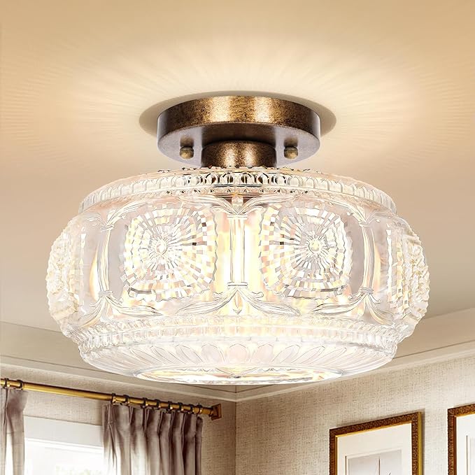 Semi Flush Mount Ceiling Light, Upgraded Larger Antique Bronze Glass Ceiling Light Fixture, Vintage Lighting for Hallway Kitchen Bedroom Dining Room, Bulb Not Included