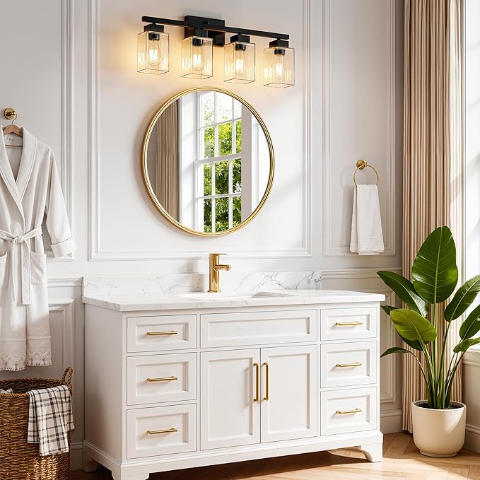 PARTPHONER 4-Light Bathroom Light Fixtures, Matte Black Modern Vanity Lights, Bathroom Lighting Fixtures Over Mirror, Square Design Farmhouse Wall Sconces with Clear Glass Shades