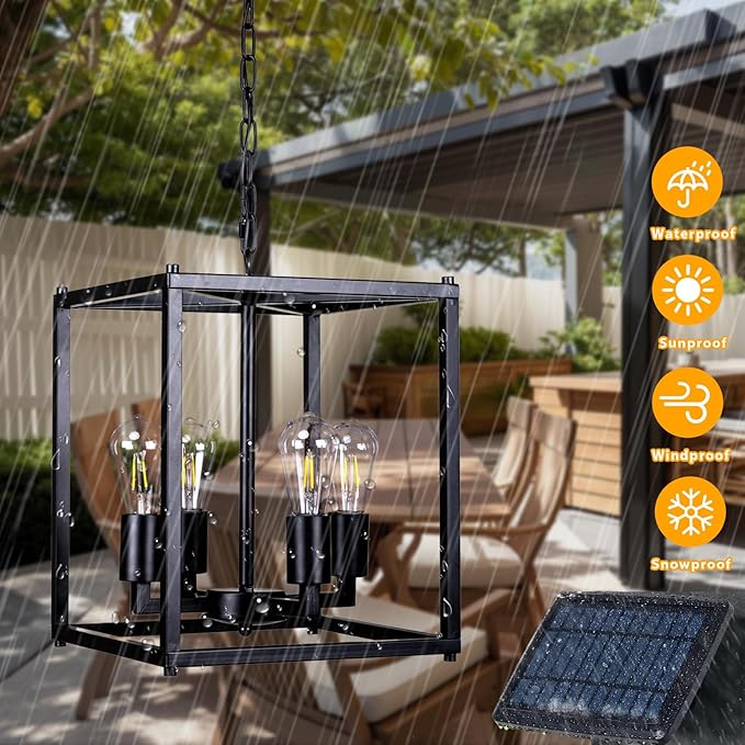 Solar Chandelier Outdoor, 14" Farmhouse Waterproof Dimmable Hanging Pendant Lights for Gazebo, Pergola, Canopy Decor