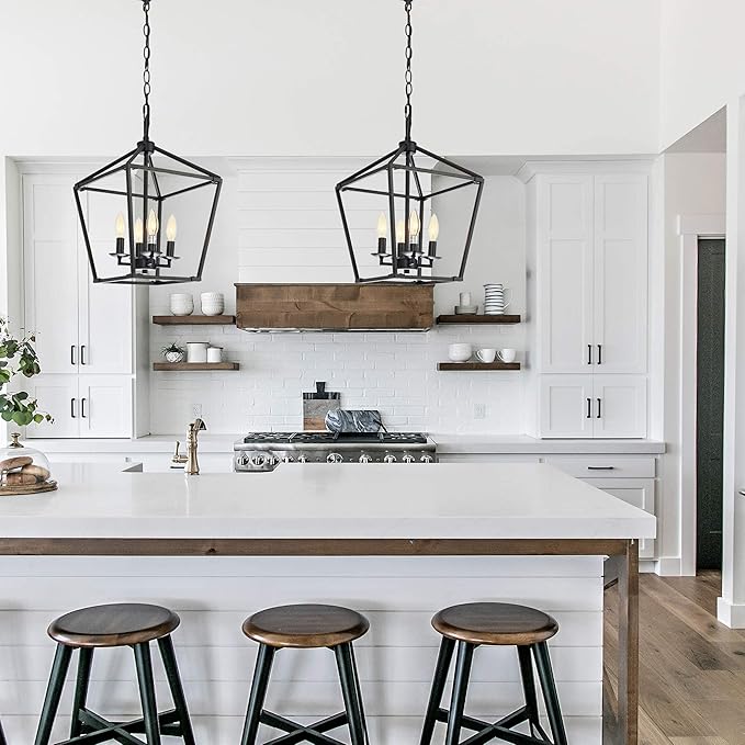 Untrammelife 4-Light Black Lantern Pendant Light, Adjustable Height Square Cage Chandelier 11''W Rustic Hanging Lighting Fixture for Dining Room Kitchen Island Foyer