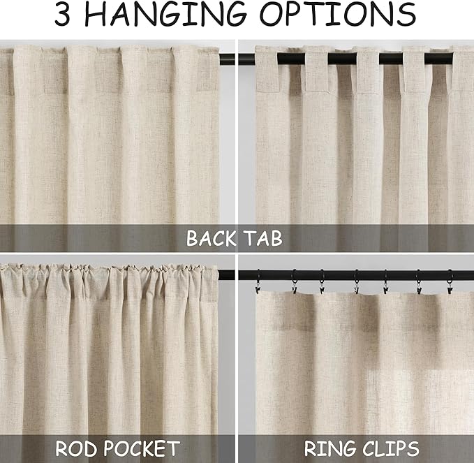 Tan Beige Linen Curtains 90 inch Length for Living Room 2 Panel Set Burlap Textured Semi Sheer Linen Drapes Rustic Country Window Treatment Farmhouse Drop Cloth Curtain 90 inches Long for Dinning Room