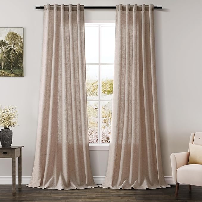 Oatmeal Linen Curtains 96 Inches Long for Living Room 2 Panels Back Tab Pocket Semi Sheer Privacy Light Filtering Modern Farmhouse Curtains Flax Linen Bedroom Curtain Drapes for Bedroom 40x96 Inch