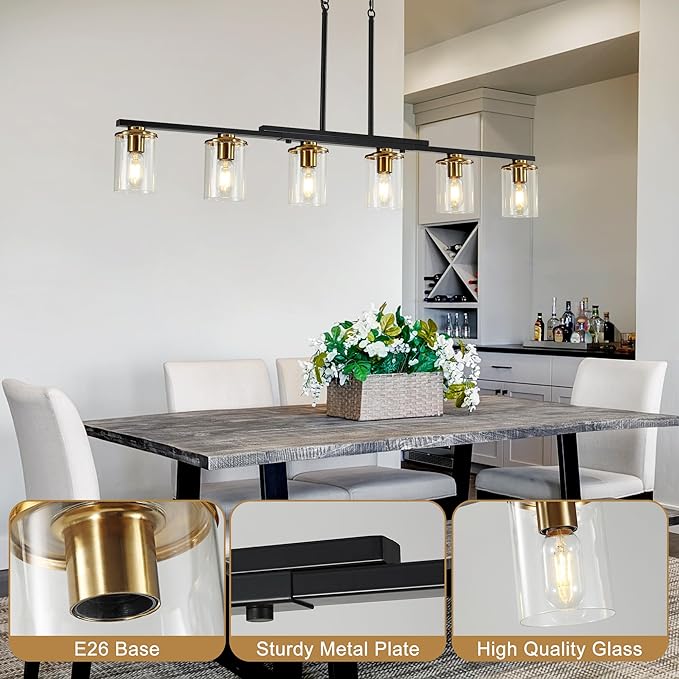 6-Light Kitchen Island Lighting,Dining Room Lights Modern Farmhouse Chandelier with Clear Glass Shade,Modern Rustic Black and Gold Metal Chandelier, Kitchen Pendant Light Fixtures Over Table