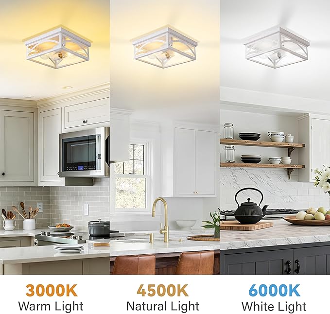 Rustic Flush Mount Ceiling Light Fixture, Farmhouse Close to Ceiling Light Fixture for Hallway Porch Bedroom, Kitchen Lights Ceiling, 1 Pack, White, Hand-Finished Wood-Look