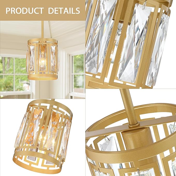 Gold Pendant Lights Kitchen Island, Crystal Pendant Light, Adjustable Hanging Light Fixture for Dining Room, Living Room, Kitchen
