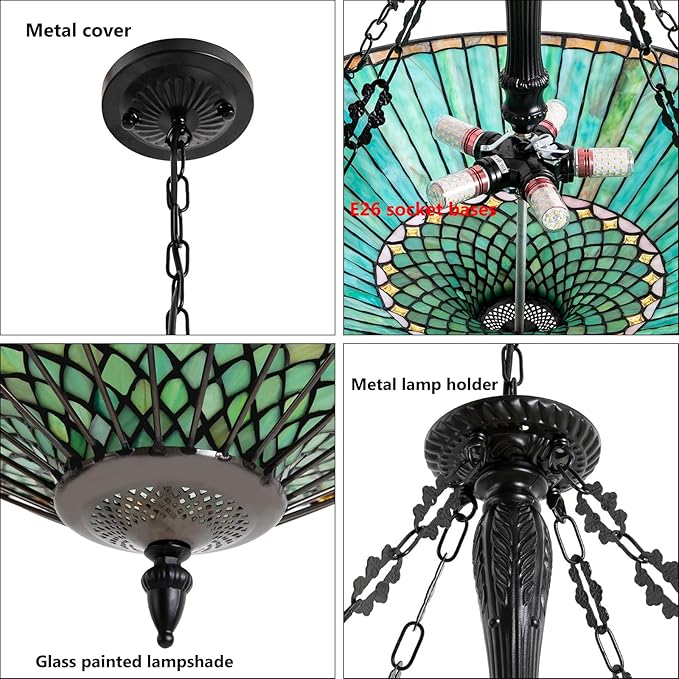 Pendant Light Fixtures, 23.62" Wide Stained Glass Inverted Antique Style Ceiling Pendant for Dining Room, 5 Lights Hanging Lamp for Living Room Kitchen Entryway