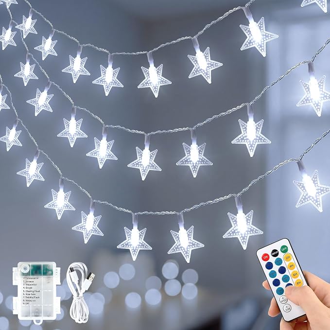 HEYFUNi White Star String Lights with Remote, 16FT USB/Battery Powered | 50LED Twinkle Lights with Remote, 2/4/6/8h Timer, 8 Modes, 4 Brightness & Speed, Fairy Lights for Bedroom, Dorm,Nursery Decor