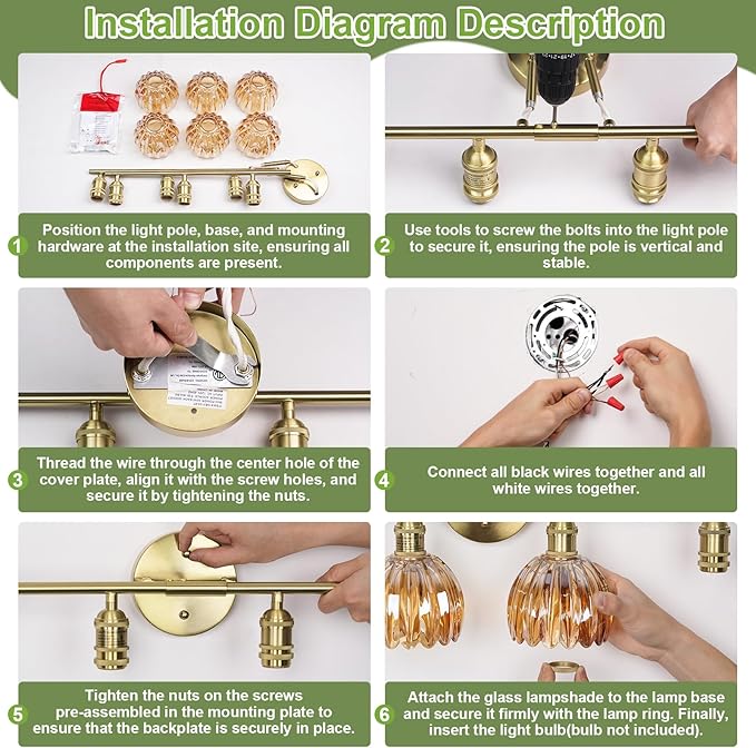 Vintage Bathroom Light Fixtures,6-Light Hardwired Vanity Lights with Green Tulip Glass Shade,Gold Bathroom Vanity Light for Mirror Restroom,E26 Socket,40.55 in(Bulbs Not Included)