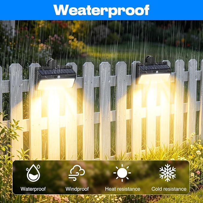 Peasur 368 LED Solar Lights Outdoor Motion Sensor, Fence Light with 3 Lighting Modes, Solar Powered Security Lights Waterproof for Outside Yard Deck Garden,Warm White