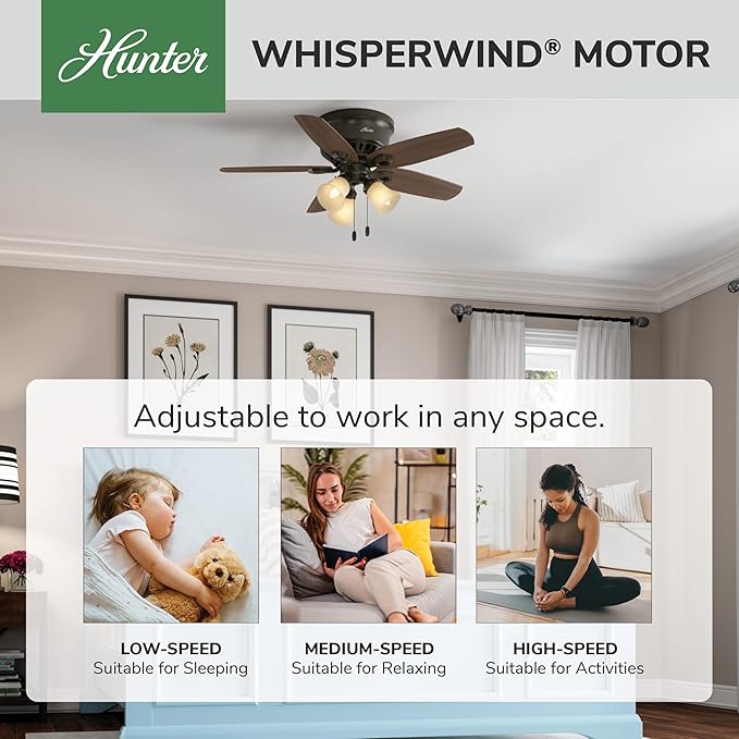 Hunter 42 inch Indoor Ceiling Fan with LED Lights - Bronze Ceiling Fan with Pull Chain, For Bedroom, Living Room, or Kitchen, Low Profile Mount, No Remote, 5 Blades - Builder 51091, New Bronze