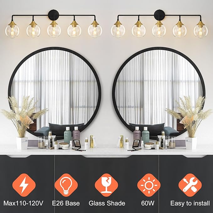 Bathroom Vanity Light with Clear Glass Shade, E26 Base, Vanity Lighting Fixtures Over Mirror, 39 Inch Vanity Lights for Bathroom (Exclude E26 Bulb) (Black and Gold, 5-Lights)