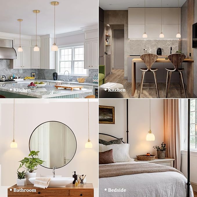 Shenmoyl Pendant Light with White Tulip Glass Lmapshade, Brass Vintage Pendant Light Adjustable Hanging Light for Kitchen Island Dining Room Hallway