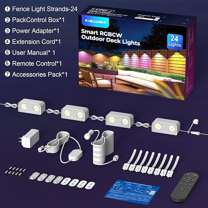 Outdoor Deck Lights, 24 Lights Smart Fence Lights Compatible with Alexa & Google Home, IP65 LED Patio Deck Lighting with Remote, Fence Lighting Music Sync for Patio Yard Garden(157.2ft)