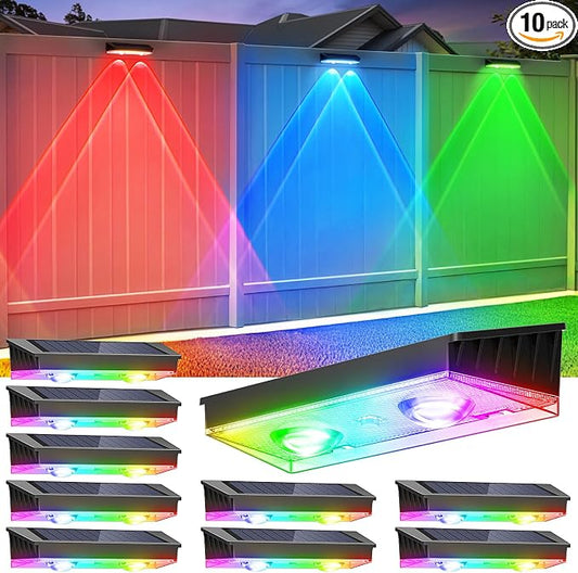 Solar Fence Lights Outdoor, 10 Pack Warm White/RGB Fence Solar Lights with 2 LED, IP65 Waterproof, Backyard Patio Decor for Deck, Wall, Railing, Pool, Stair