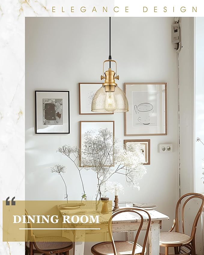 Pendant Lights Kitchen Island, 7.5" Farmhouse Pendant Lighting with Amber Seeded Glass Shade, Vintage Hanging Light Fixtures for Dining Room, Brushed Gold, AD-22151-1P-GD-OR