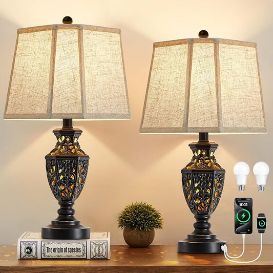 EJIAXIN Lamps for Night Stands Set of 2-23.5" Vintage Bedside Lamp with USB A+C and Nightlight - Black Retro Carved Resin Farmhouse Table Lamp for Bedrooms, End Tables, Living Room, Bulbs Included