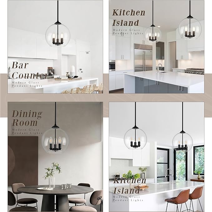 12" Globe Pendant Lights Kitchen Island 2 Pack Glass Globe Pendant Light Fixture Bedroom Mid Century Modern Pendant Lighting Black Pendant Light for Kitchen Island (Bulb Incl.)