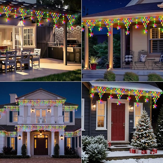 (New) Outdoor Christmas Lights, 13.8ft 218 LED Christmas Curtain Lights, Icicle String Lights with 12 Drop Stars for Curtain, Indoor, Garden, Patio, Wedding, New Year, Home Decoration - Multicolor