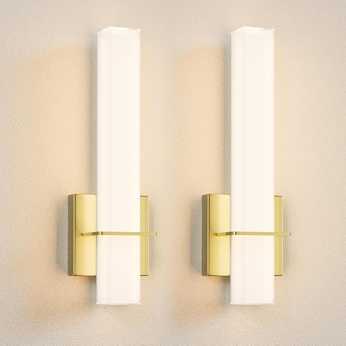 15.7inches Modern Led Wall Sconces,18W 3000K 1200Lumen Bathroom Vanity Wall Lights with White Acrylic Lampshade,Indoor Hardwired Wall Lamp for Bedroom Living Room(Gold,2-Pack)