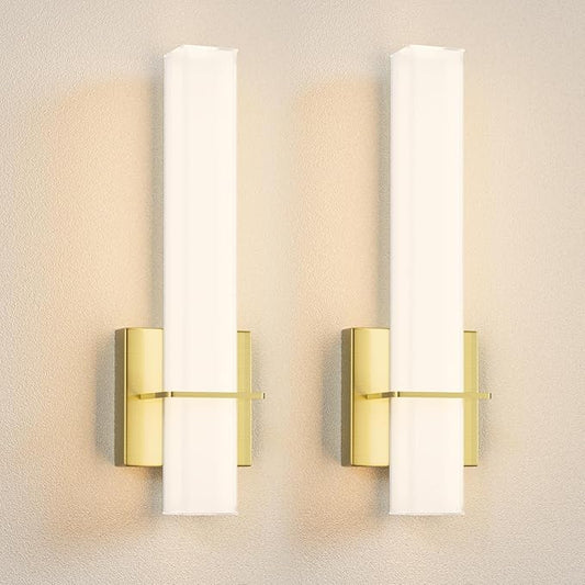 15.7inches Modern Led Wall Sconces,18W 3000K 1200Lumen Bathroom Vanity Wall Lights with White Acrylic Lampshade,Indoor Hardwired Wall Lamp for Bedroom Living Room(Gold,2-Pack)