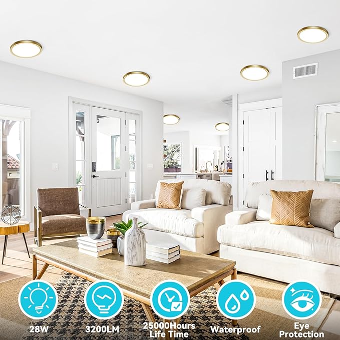 Libtit 7 Inch Golden Flush Mount Light, 15W Aureate Ceiling Light Fixture, 3000K/4000K/6500K Color Selectable, Gilded Round Lighting for Bedroom, Kitchen, Pantry, 4Pack