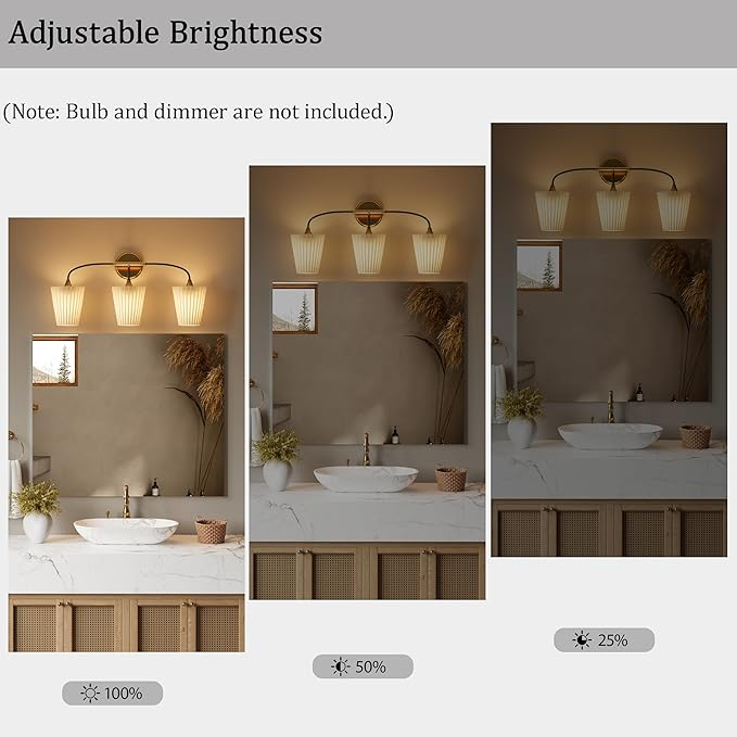 Bathroom Light Fixtures Over Mirror, 3 Light Vanity Light for Bathroom, Black Gold Vanity Light Fixtures with Flared Ivory White Fabric Shade, E26 Socket Modern Sconce Wall Decor(ETL Listed)