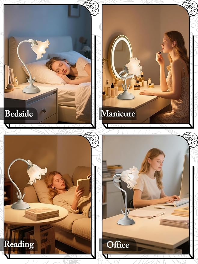 AQDZCNF Flower Table Lamp,LED Reading Light Bedside Vintage Flower Night Light,3 Colors Modes Kawaii Bedside Lamps Decor,Living Room Bedroom Room Lighting Table Lamps Home Decoration (White Pearls)